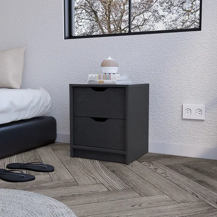 19" Black Wood Two Drawer Nightstand