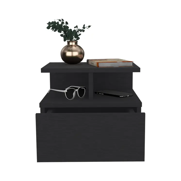 12" Black Wood One Drawer Floating Nightstand