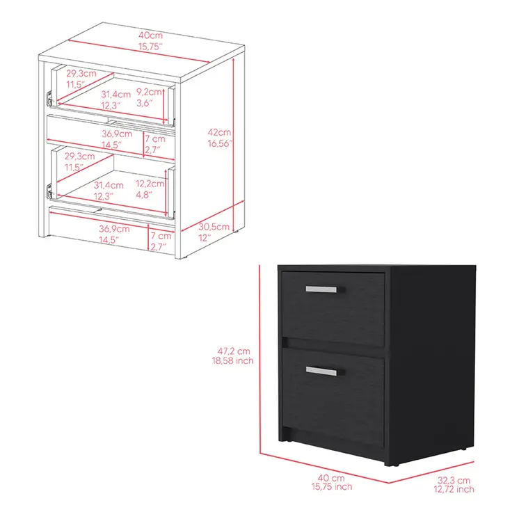 19" Black Wood Two Drawer Nightstand