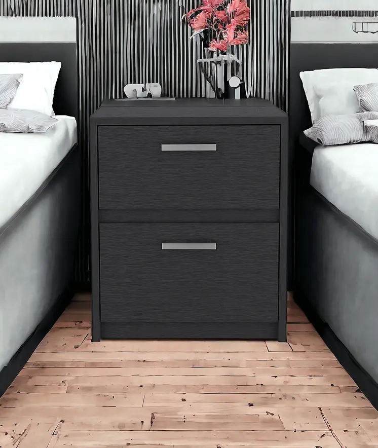 19" Black Wood Two Drawer Nightstand