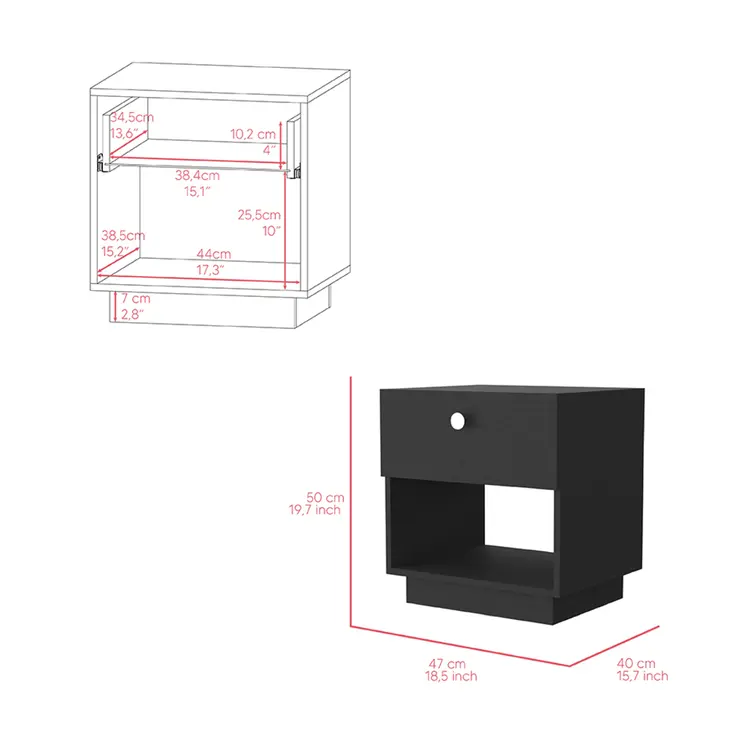 20" Black Wood One Drawer Nightstand