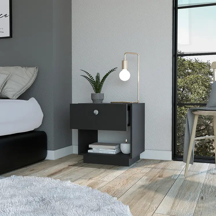20" Black Wood One Drawer Nightstand