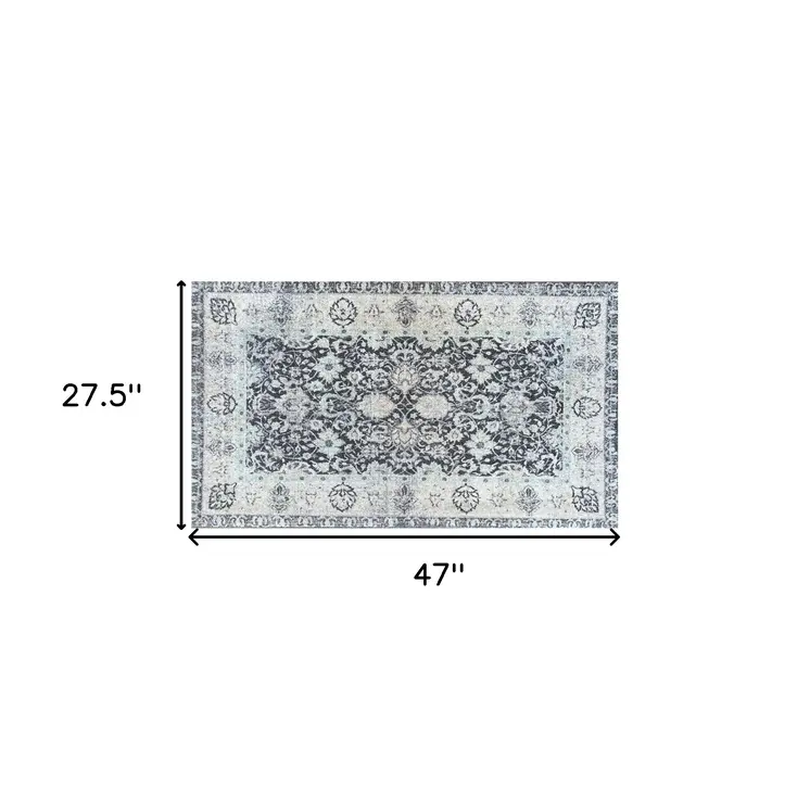 2' X 4' Gray Oriental Washable Area Rug With UV Protection