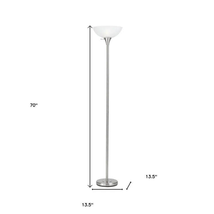 70" Nickel Metal Torchiere Floor Lamp With White Glass Dome Shade