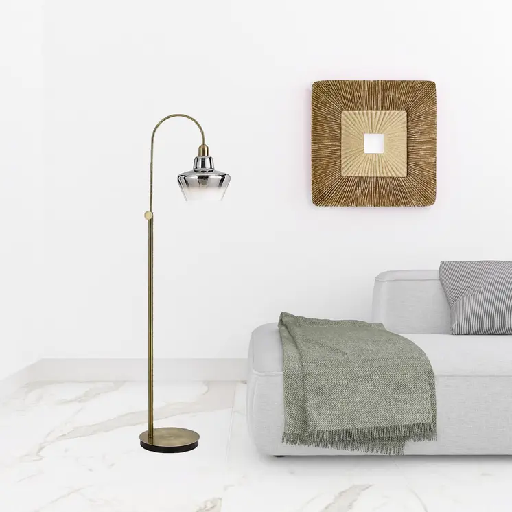 61" Brass Adjustable Arc Floor Lamp With Antiqued Brass Mirrored Glass Novelty Shade