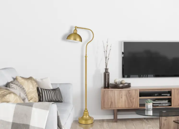 60" Brass Traditional Shaped Floor Lamp With Antiqued Brass Dome Shade
