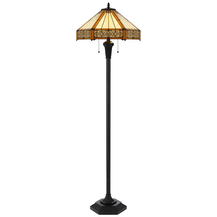 60" Bronze Two Light Traditional Shaped Floor Lamp With Orange and Ivory Abstract Tiffany Glass Empire Shade