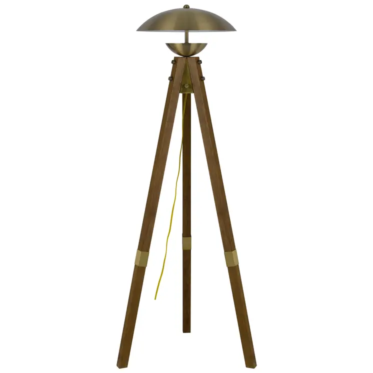 55" Brass Tripod Floor Lamp With Antiqued Brass Dome Shade