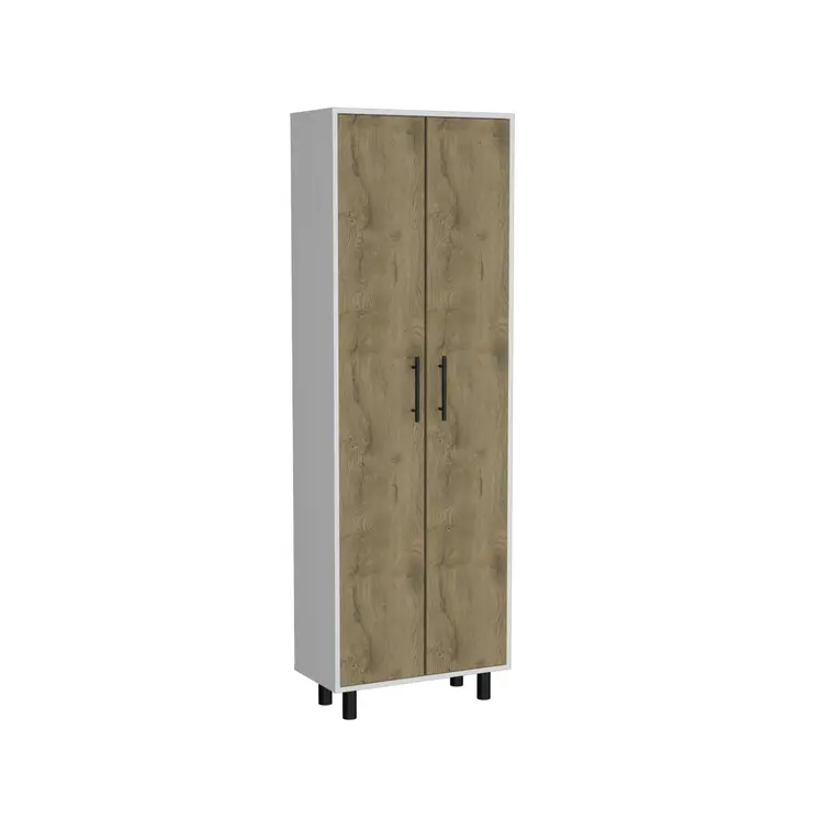 Set of Two Oak and White Wood Kitchen Island And Pantry Cabinet