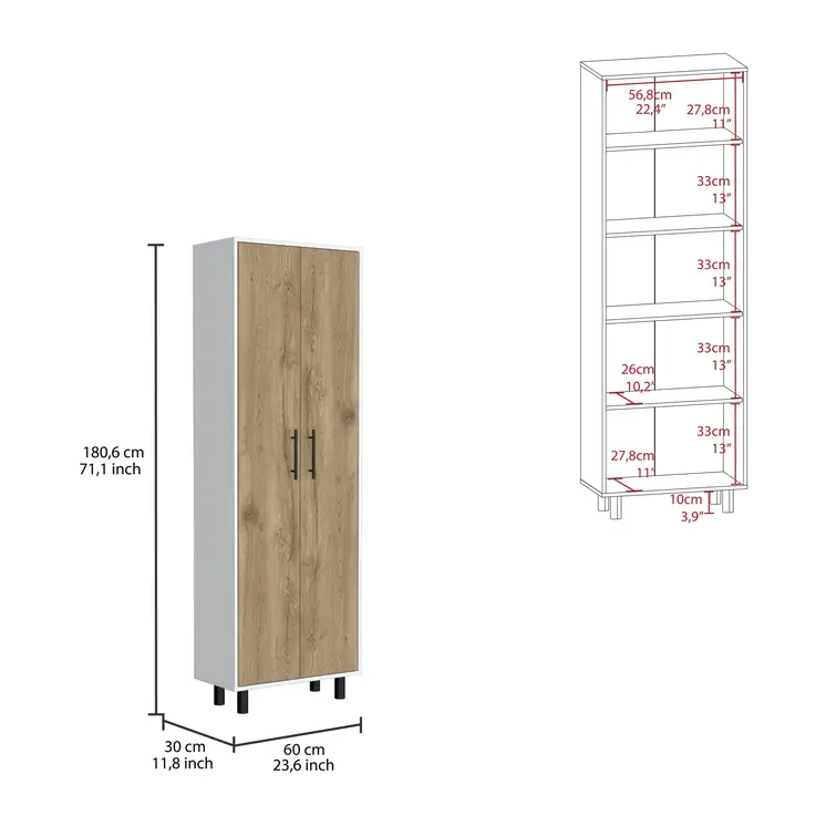 Set of Two Oak and White Wood Kitchen Island And Pantry Cabinet