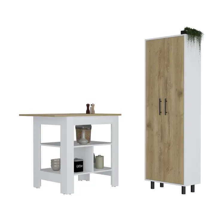 White And Natural 41" Kitchen Island Set With Storage