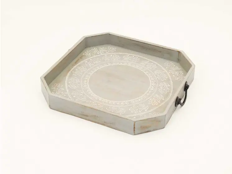 Set Of Two Gray and White Octagon Solid Wood Paisley Handmade Serving Tray With Handles