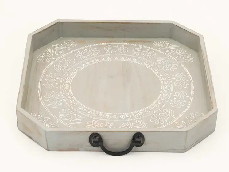 Set Of Two Gray and White Octagon Solid Wood Paisley Handmade Serving Tray With Handles