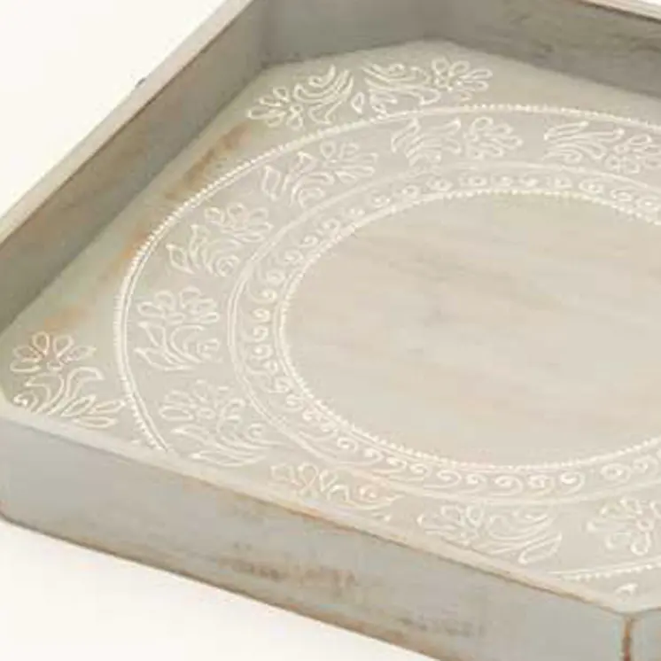 Set Of Two Gray and White Octagon Solid Wood Paisley Handmade Serving Tray With Handles