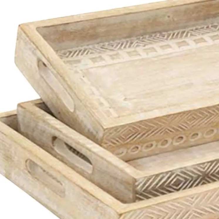 Set of Three White Rectangular Solid Wood Handmade Serving Tray With Handles