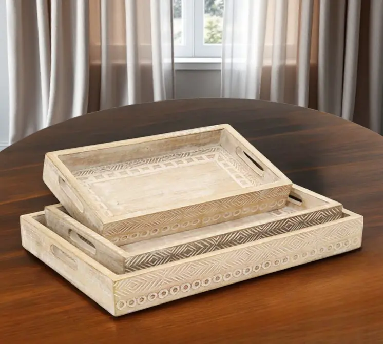 Set of Three White Rectangular Solid Wood Handmade Serving Tray With Handles