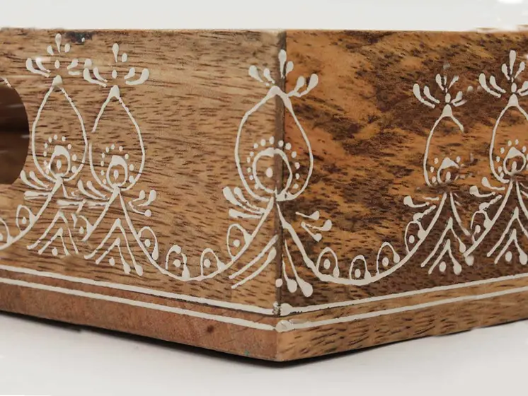 Set of Three Natural Rectangular Solid Wood Floral Handmade Serving Tray With Handles