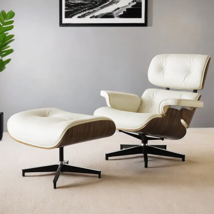 35" Beige and Dark Brown Genuine Leather Tufted Swivel Lounge Chair With Ottoman