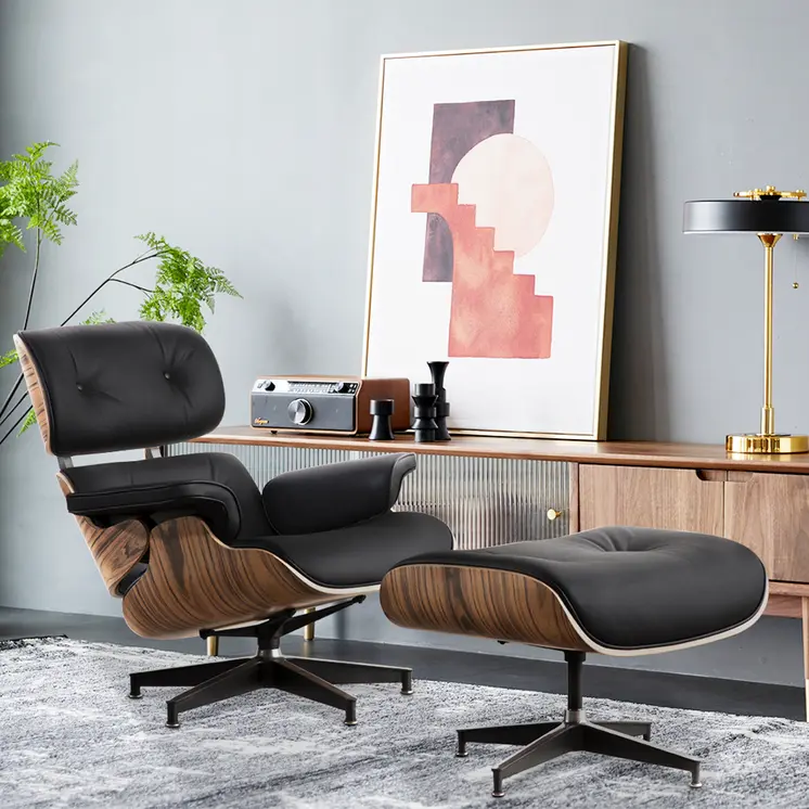 35" Black and Brown Genuine Leather Tufted Swivel Lounge Chair With Ottoman
