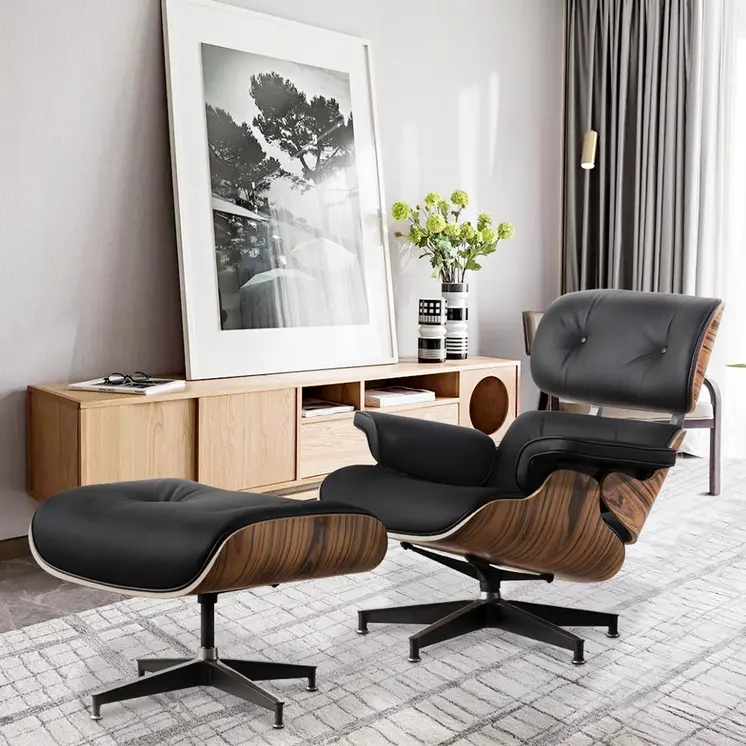 35" Black and Brown Genuine Leather Tufted Swivel Lounge Chair With Ottoman