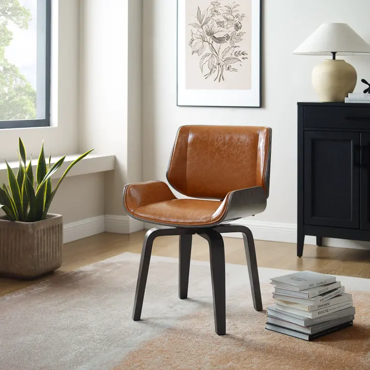 Brown and Black Upholstered Faux Leather Curved Back Dining Side Chair