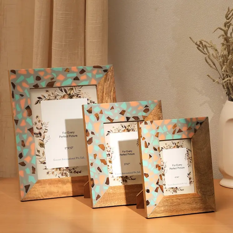 5" x 7" Gray And Natural Faux Terrazzo Resin And Solid Wood Tabletop Picture Frame