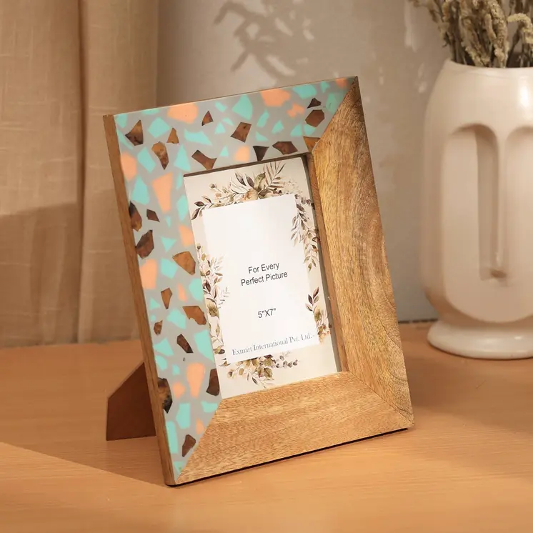 5" x 7" Gray And Natural Faux Terrazzo Resin And Solid Wood Tabletop Picture Frame