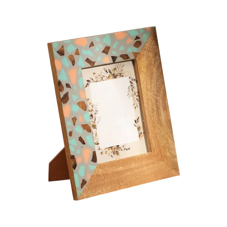 5" x 7" Gray And Natural Faux Terrazzo Resin And Solid Wood Tabletop Picture Frame