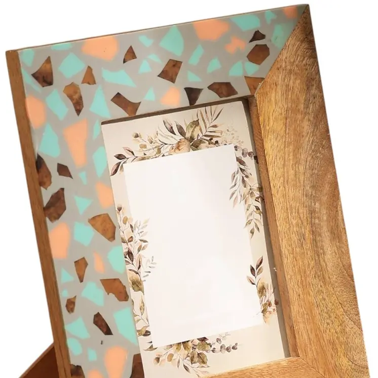 5" x 7" Gray And Natural Faux Terrazzo Resin And Solid Wood Tabletop Picture Frame