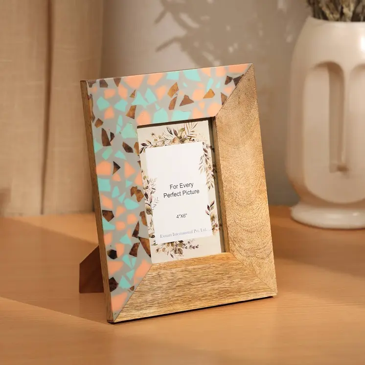 4" x 6" Gray And Natural Faux Terrazzo Resin And Solid Wood Tabletop Picture Frame