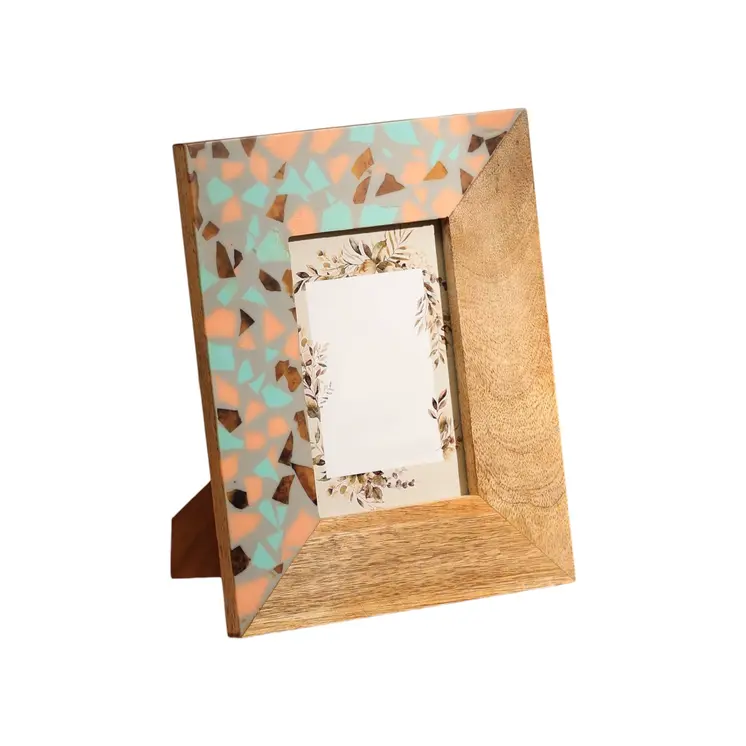 4" x 6" Gray And Natural Faux Terrazzo Resin And Solid Wood Tabletop Picture Frame