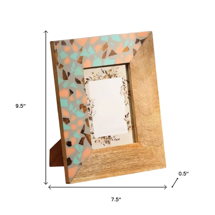 4" x 6" Gray And Natural Faux Terrazzo Resin And Solid Wood Tabletop Picture Frame