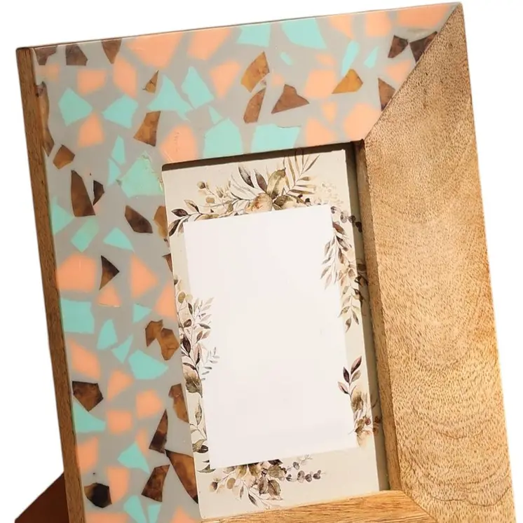 4" x 6" Gray And Natural Faux Terrazzo Resin And Solid Wood Tabletop Picture Frame