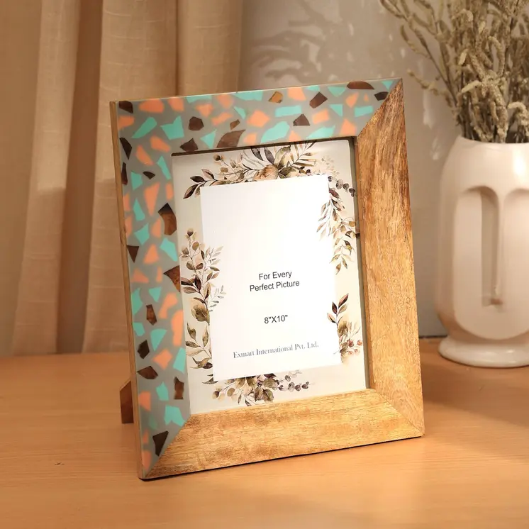 8" x 10" Gray And Natural Faux Terrazzo Resin And Solid Wood Tabletop Picture Frame