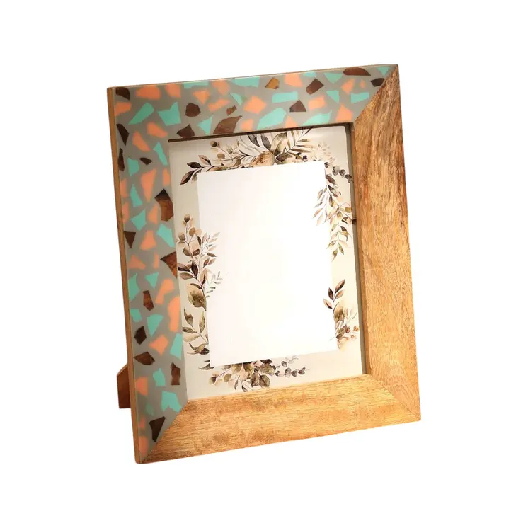 8" x 10" Gray And Natural Faux Terrazzo Resin And Solid Wood Tabletop Picture Frame