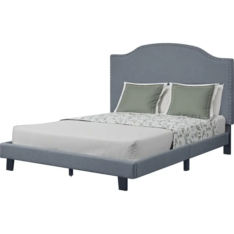 Gray Upholstered Queen Bed Frame with Nailhead Trim