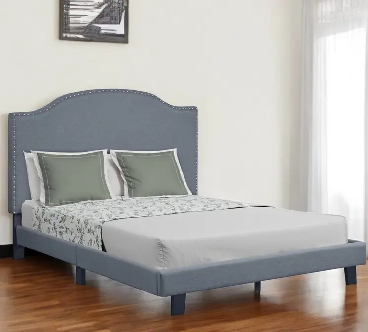 Gray Upholstered King Bed Frame with Nailhead Trim