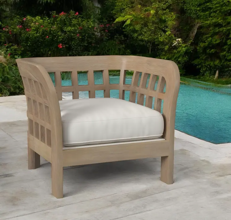 32" Light Brown Solid Wood Outdoor Arm Chair with Ivory Cushion