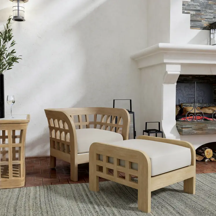 32" Light Brown Solid Wood Outdoor Arm Chair with Ivory Cushion