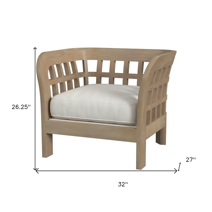 32" Light Brown Solid Wood Outdoor Arm Chair with Ivory Cushion