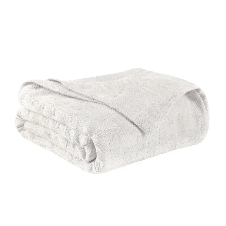 Queen White Cotton Basketweave Geometric Blanket