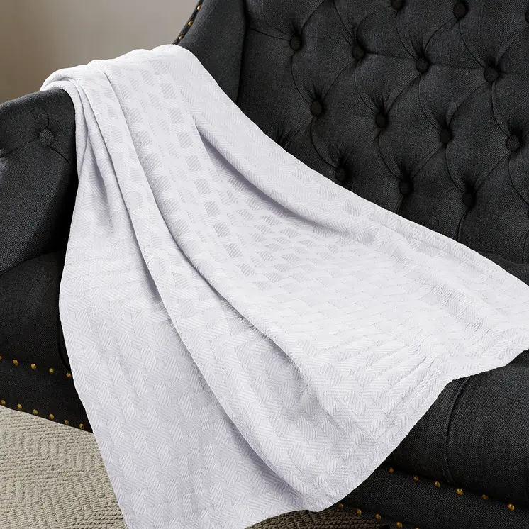 Queen White Cotton Basketweave Geometric Blanket