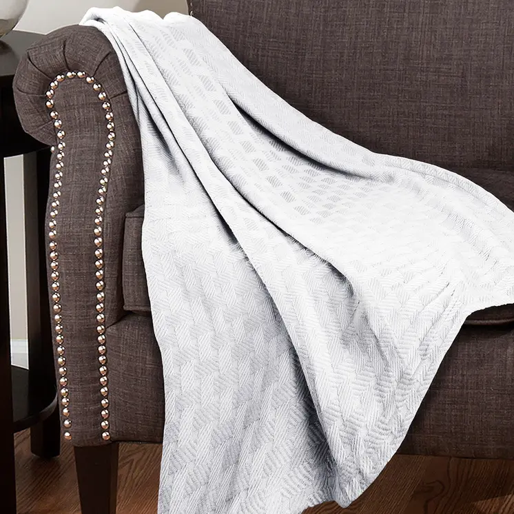 Queen White Cotton Basketweave Geometric Blanket