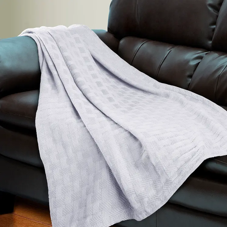 Queen White Cotton Basketweave Geometric Blanket