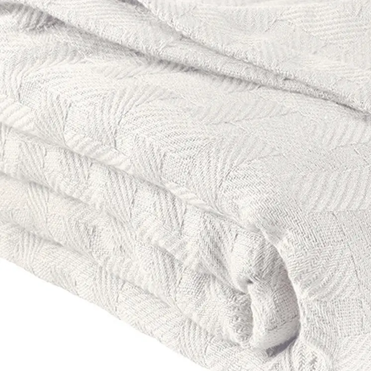 Queen White Cotton Basketweave Geometric Blanket