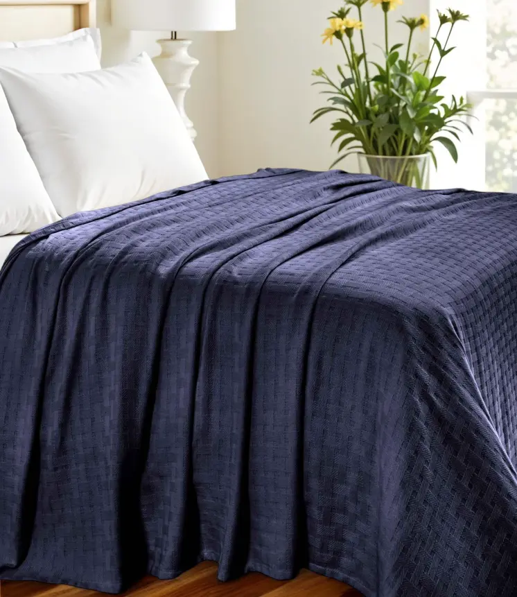 King Navy Blue Cotton Basketweave Geometric Blanket