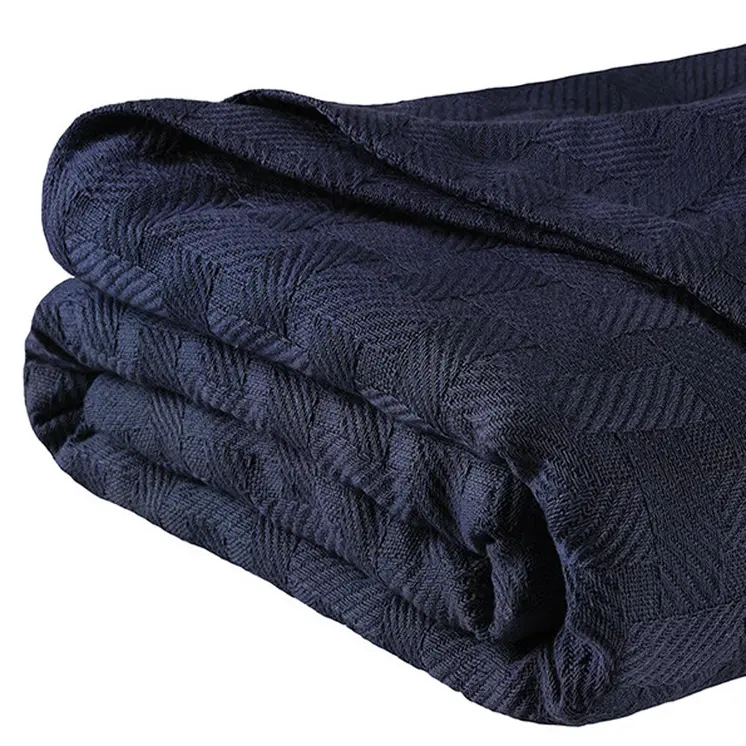 King Navy Blue Cotton Basketweave Geometric Blanket
