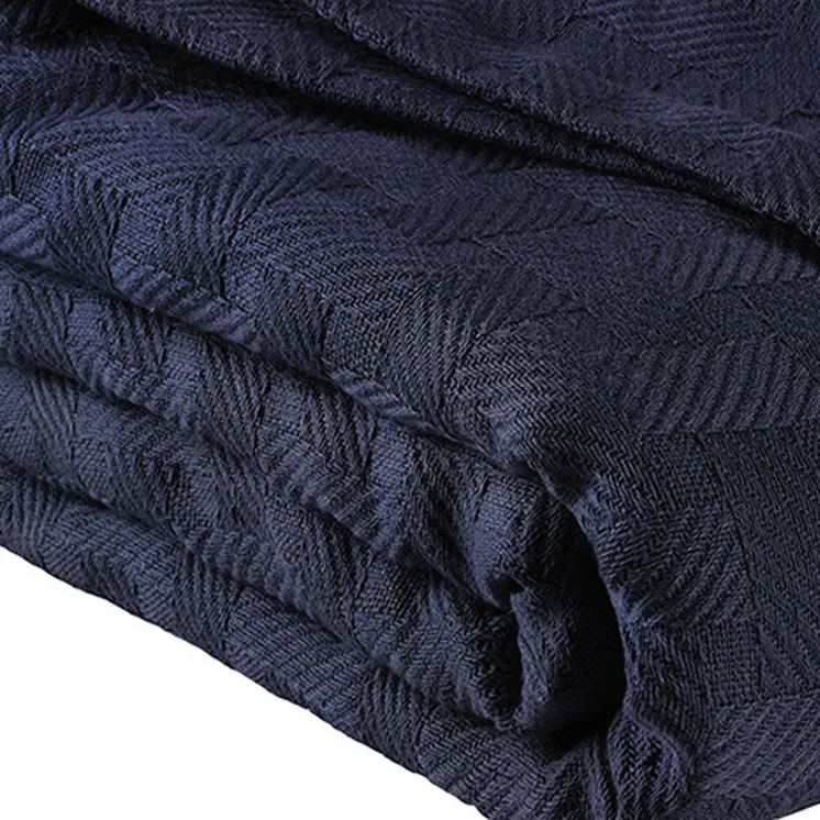 King Navy Blue Cotton Basketweave Geometric Blanket