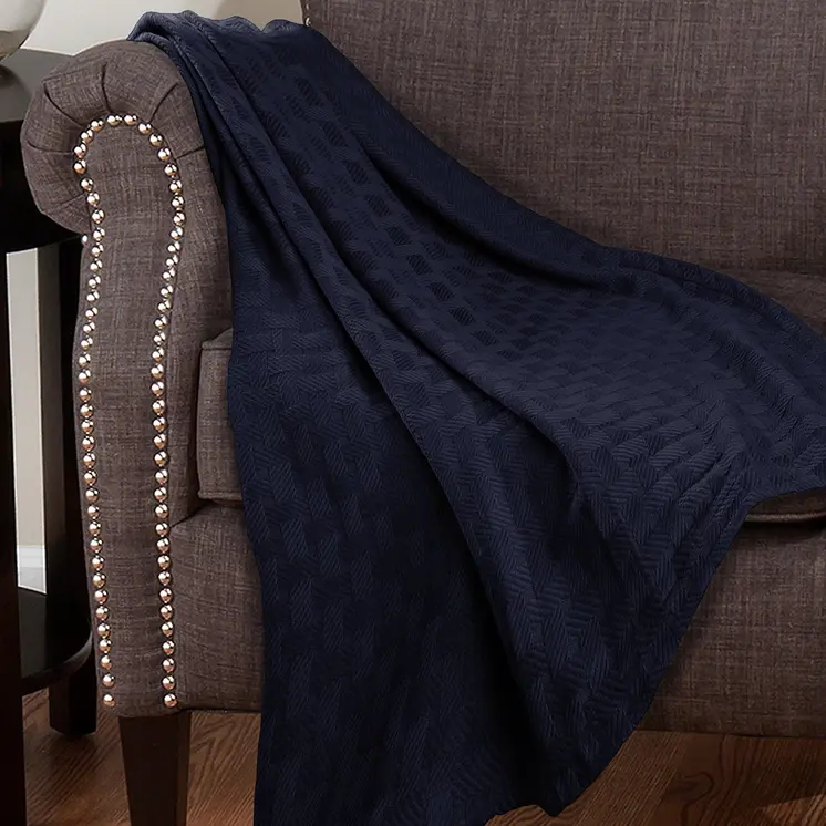 King Navy Blue Cotton Basketweave Geometric Blanket