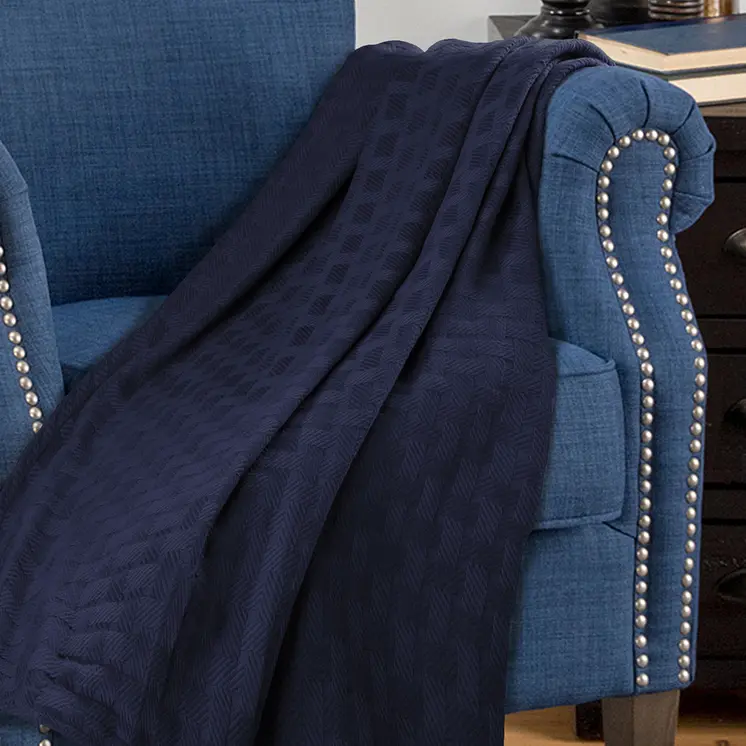 King Navy Blue Cotton Basketweave Geometric Blanket